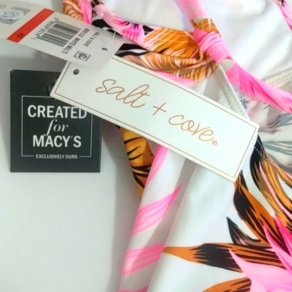 SALT + COVE PINK WHITE SPRING LEAVES STRING TIE PEPLUM SWIM TOP SIZE XS NWT - Picture 8 of 11